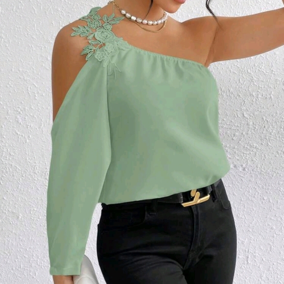 SHEIN Privé Guipure Lace Appliques One Shoulder Lantern Sleeve Solid Blouse - Picture 2 of 6